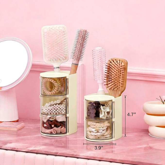 Hair Accessories Organizer with Hair Brush Holder, Rotatable Makeup Brush and Jewelry Storage Box for Hair Clips, Earrings, Necklaces, Bracelets, Rings, and Daily Accessories (Off White,2-Layer)