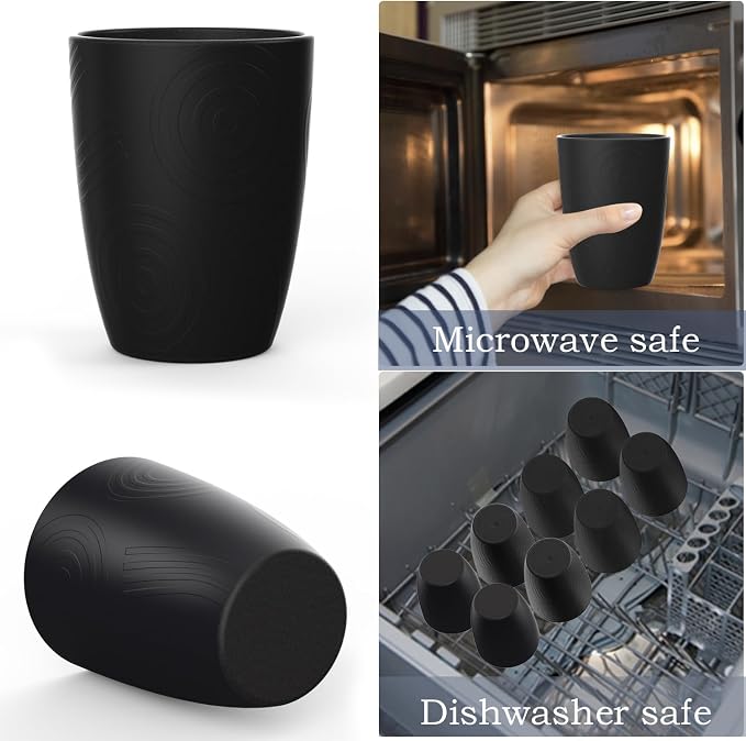 Wrova Wheat Straw Cups 8 PCS Good Alternative to Plastic Reusable Cups 12 oz Unbreakable Drinking Cup Reusable Dishwasher Safe Water Plastic Glasses Pure Black