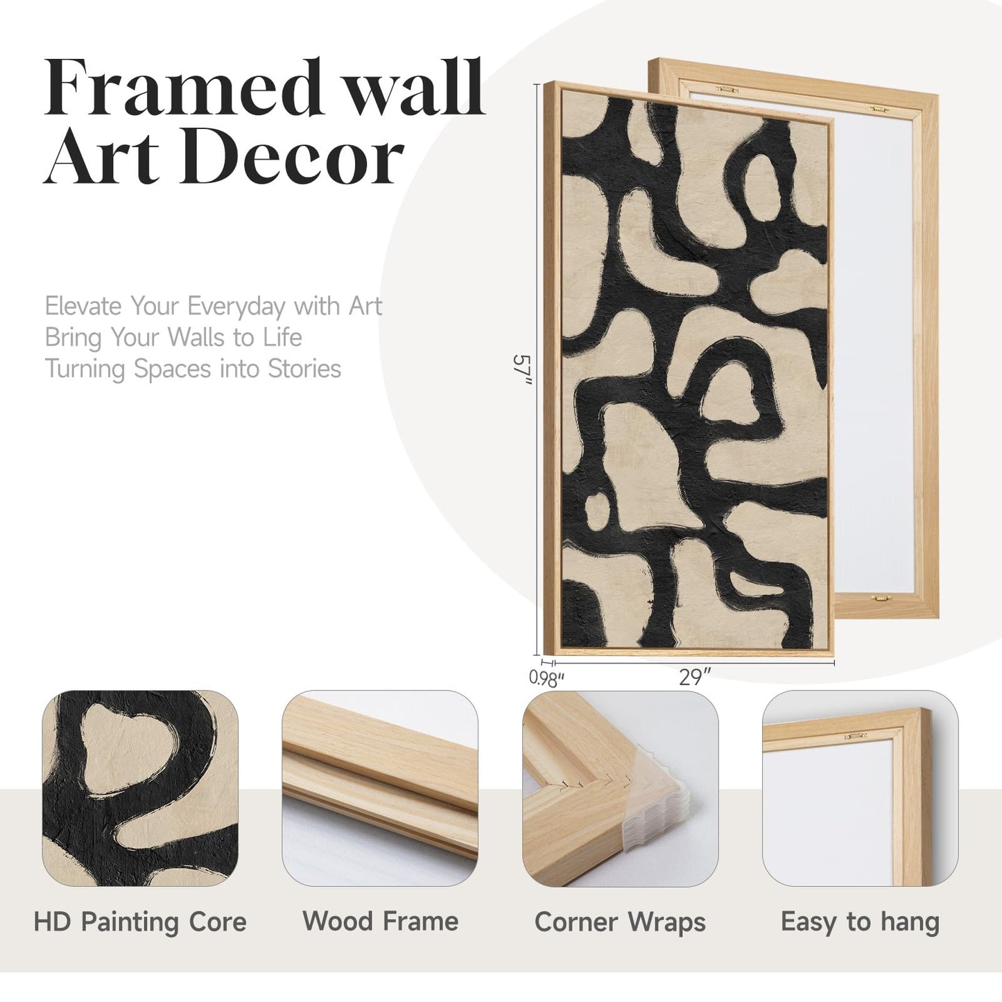 Framed Neutral Horizontal Abstract Wall Art for Living Room, Extra Large Black and Beige Modern Painting Print, Mid Century Canvas Artwork for Dining Room Bedroom Hallway Office Walls Decor, 30x60 Inch