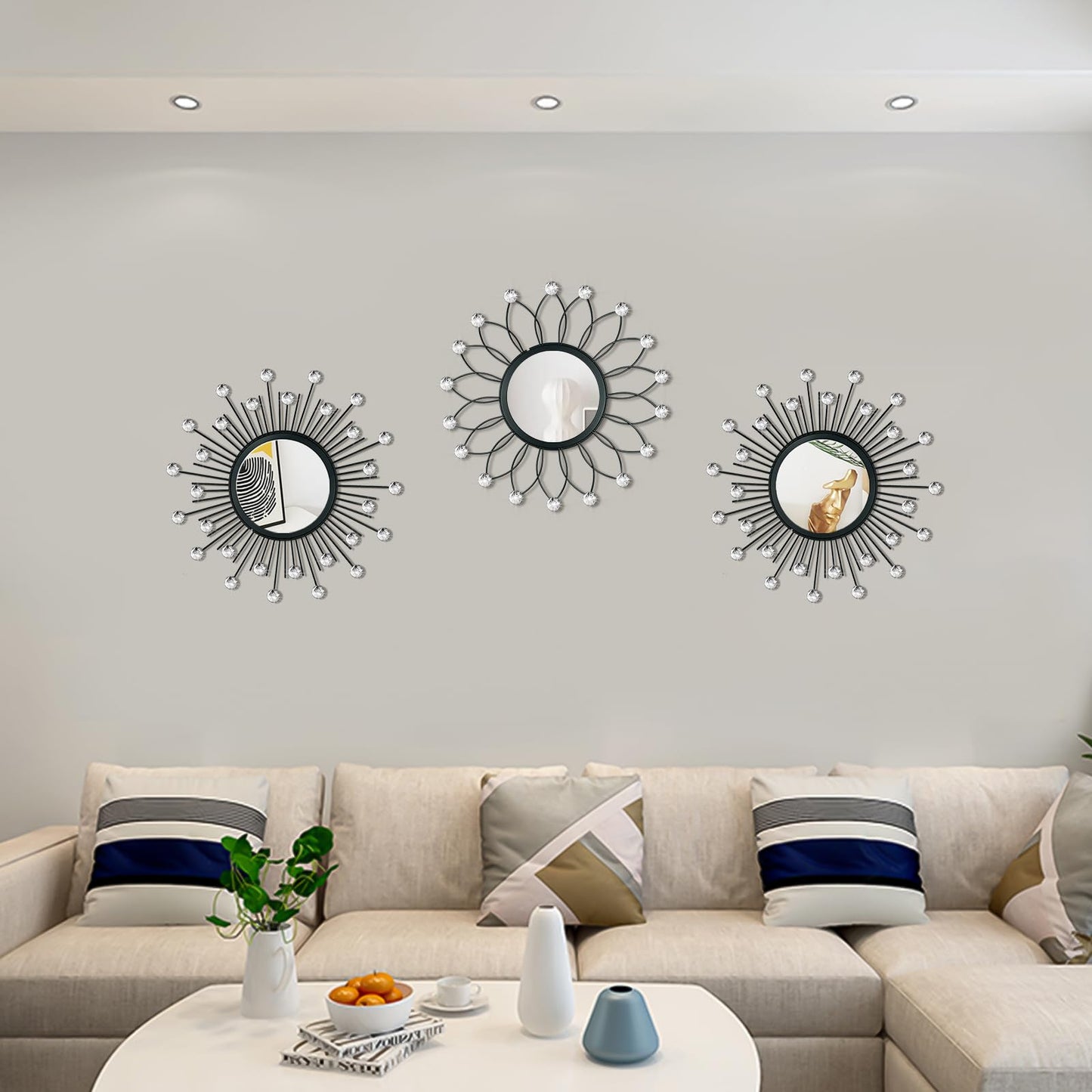 3 Pack Metal Mirrors for Wall Sunburst Wall Mirrors Home Décor Decorative Hanging Wall Art for Living Room Bedroom Entryway (Black Crystal, Flower+Sunburst)