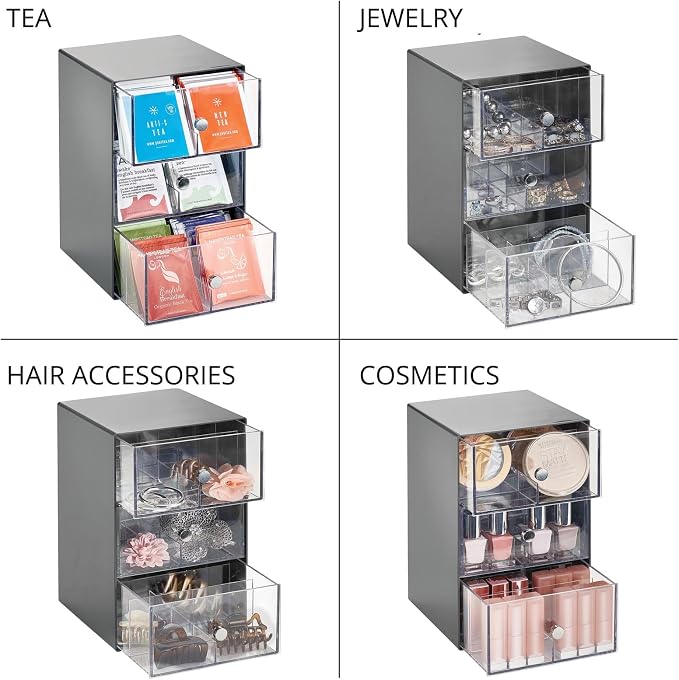 mDesign Plastic Wide Kitchen Pantry, Cabinet, Countertop Organizer Storage Station, 3 Drawers for Coffee, Tea, Sugar Packets, Sweeteners, Creamers, Drink Pods, Packets; 18 Sections, Dark Gray/Clear