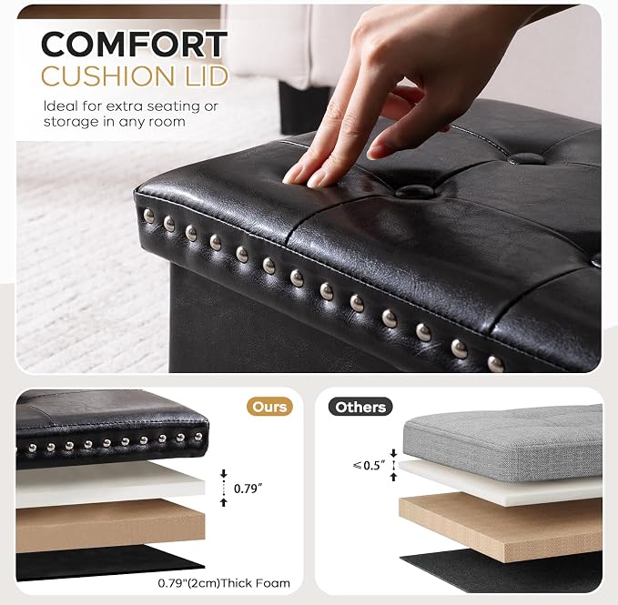 oakvivo Folding Storage Ottoman Bench 30in, Leather Foot Rest Stools Ottoman with Storage, Coffee Table, End of Bed Bench Footstool for Living Room, Bedroom, Load 330 lb, 30x15x15 inches, Black