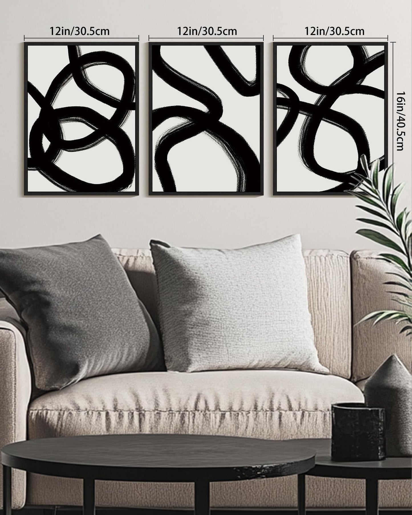 KUVIOKE Black and Grey Abstract Framed Wall Art Ink Wash Minimalist Lines Painting Artwork for Bedroom Hallway 12x16in (Black Framed)