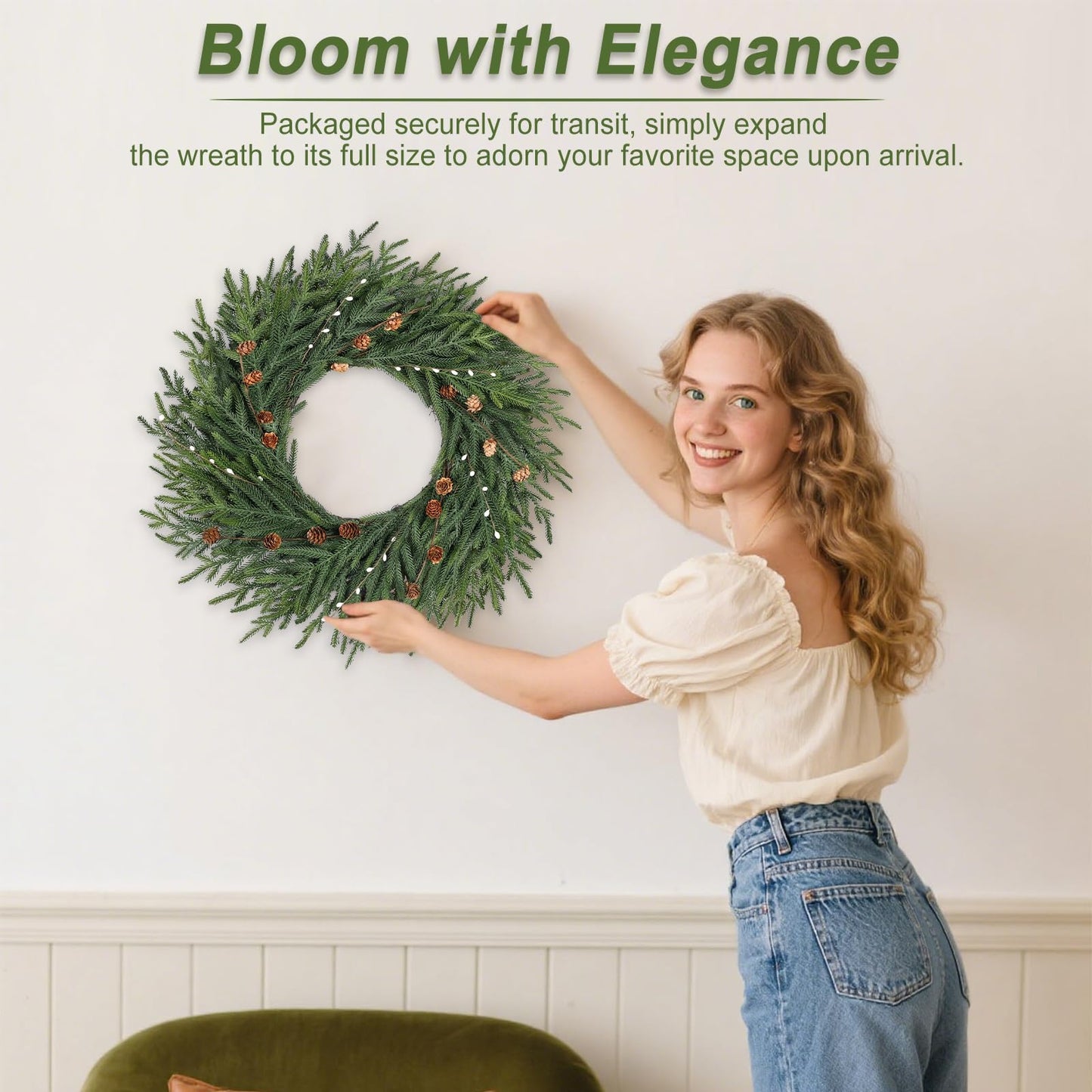 Artgar 26 Inch Pine Wreath - Christmas Wreaths for Front Door - Real Touch Pine Wreath with Pinecones Berries - Large Artificial Green Wreaths for Home Wall Window Porch Farmhouse Outdoor Xmas Decor