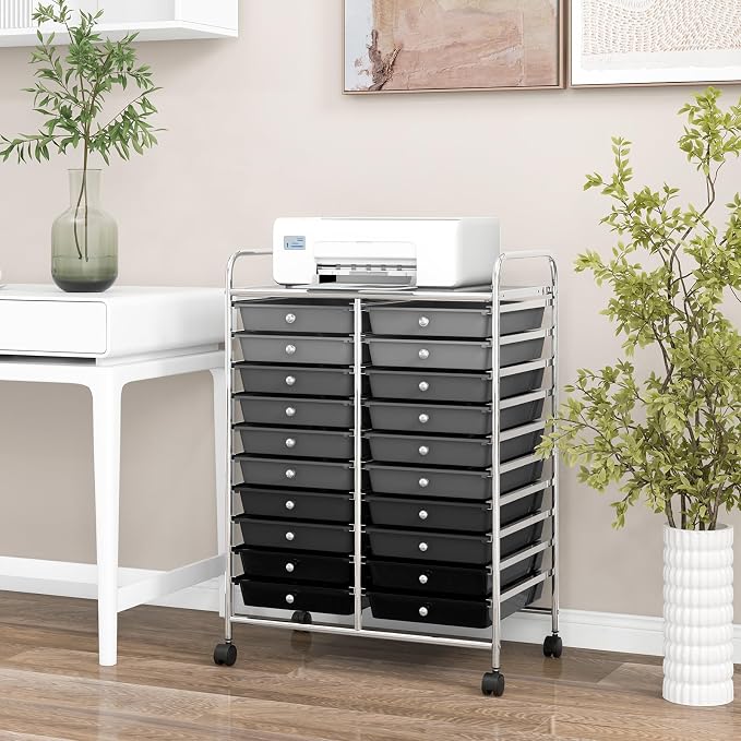 COSTWAY 20-Drawer Rolling Storage Cart, Utility Storage Organizer Cart for Tools, Scrapbook, Paper, Craft, Multipurpose Storage Trolley on Wheels for Home Office School, Mixed Black
