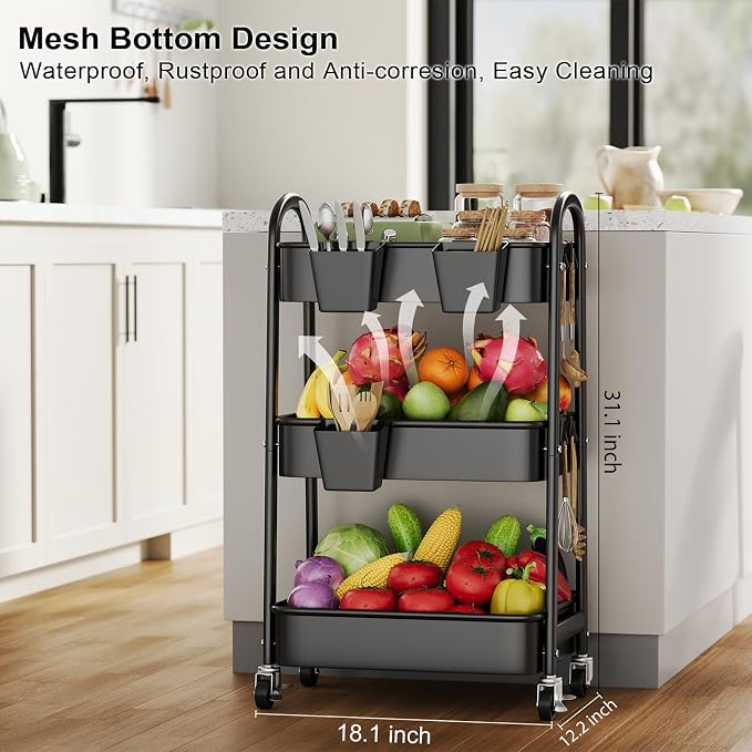 3 Tier Rolling Cart Metal with Wheels, Heavy Duty Three Tiered Rolling Storage Cart on Wheels, Black Utility Roller Carts Organizer for Baby, Art, Craft, Snack,Book, Nail, Diaper Caddy, Cleaning, Dorm