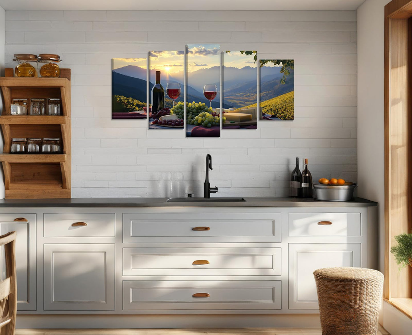Wine Canvas Wall Art 5 Piece Kitchen Decor Fruit Goblet Painting Prints Mountain Forest Landscape Romantic Poster Bar Restaurant Home Decor Framed Ready to Hang(Wine-4,8x14inx2 8x18inx2 8x22inx1)