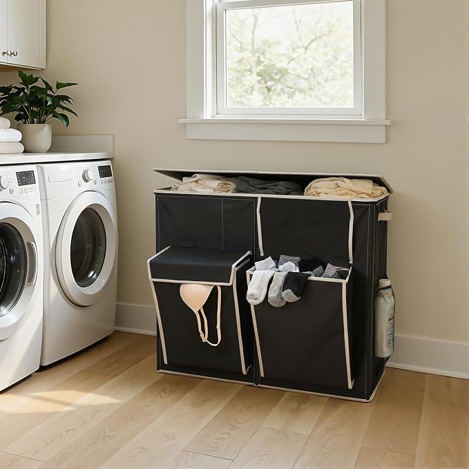SOLEDI 220L Laundry Hamper 3 Section,Extra Large Laundry Basket with Lid and 2 Side Pockets, Dirty Clothes Hamper with Removable Bag Easy to Carry for Laundry Room, Bedroom, Bathroom, Black