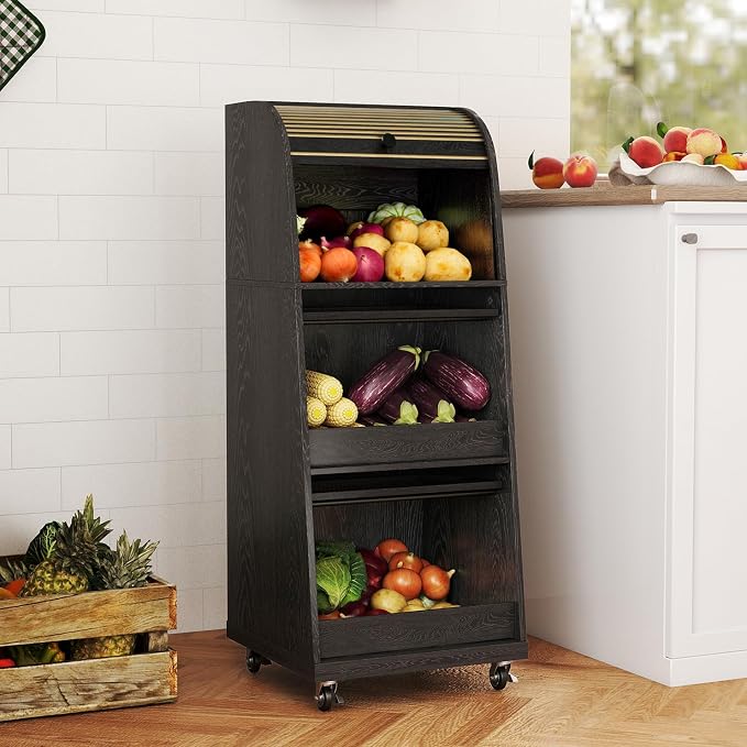 Movable Onion and Potato Storage Bin Box, Black Potato Bins with Wheels and Sliding Door, Farmhouse Fruit and Vegetable Basket Storage, Small Food Kitchen Pantry Cabinet, Wooden Bread Box, Flip-top