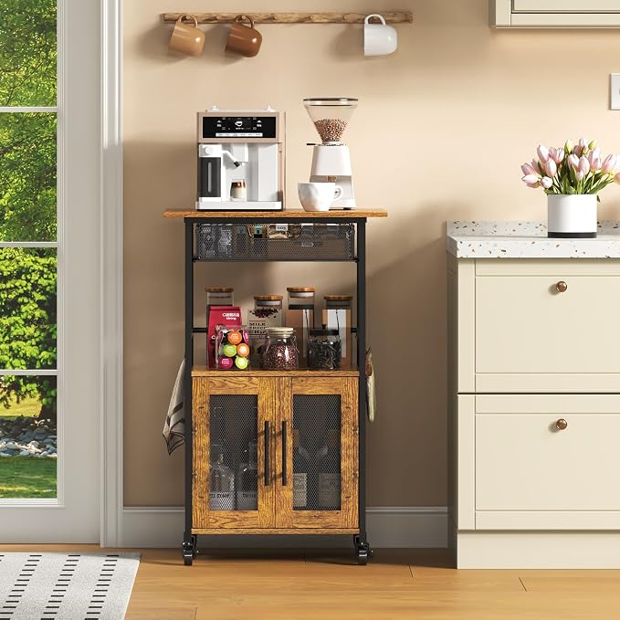 3 Tier Slim Rolling Coffee Cart with 2-Door & Pull-Out Wire Basket Drawer, Coffee Bar Cabinet on Lockable Casters, 32.7" H Microwave Cart with Storage for Home, Kitchen, Dining Room (Rustic Brown)