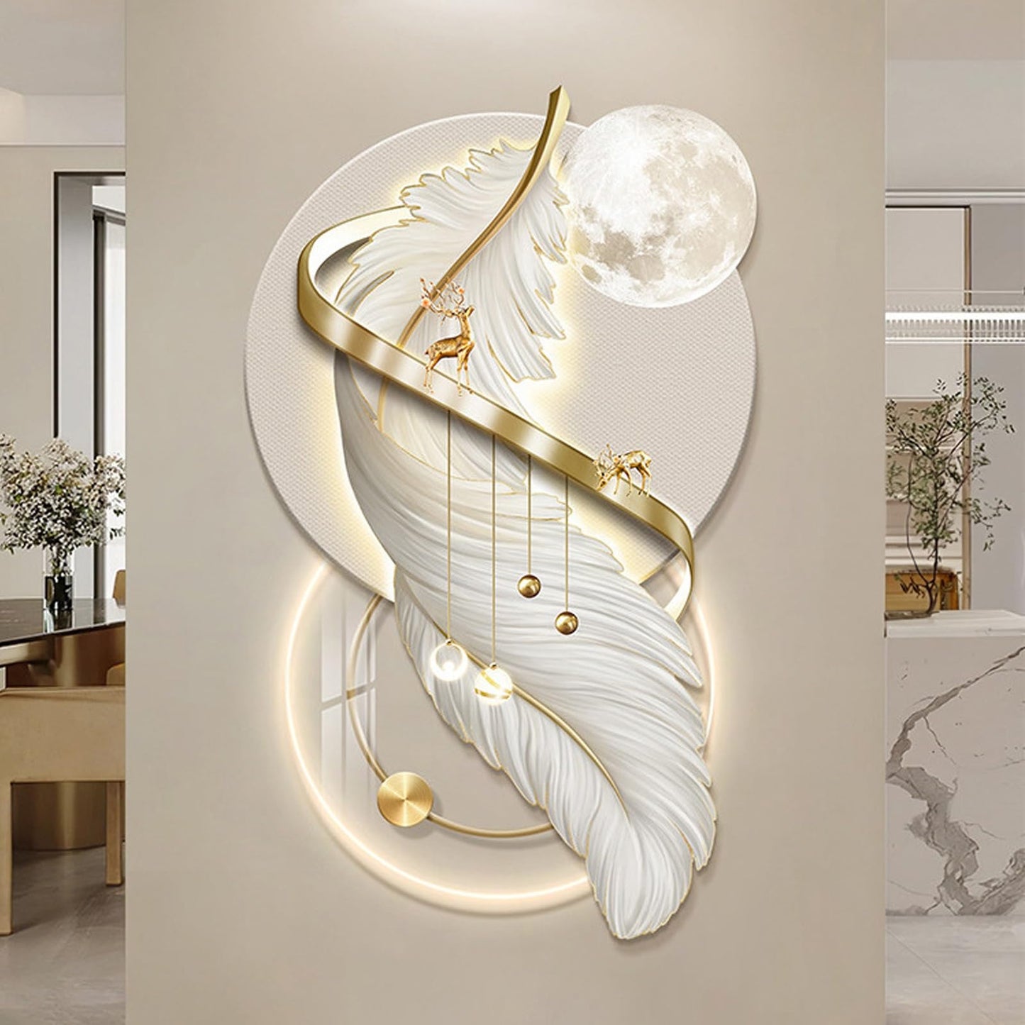 WNYAILLL 3D Wall Decoration Painting, Vertical Hanging Paintings, Modern Luxury Decorative, Wall LED Decor Light for Hotle Lobby Livingroom Bedroom, Plug-in Power Supply(Gold A,80x48CM/31.5 * 18.9in)