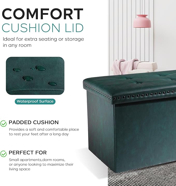 oakvivo Folding Storage Ottoman Bench, Leather Foot Rest Stools with Rivet Design, 15" D x 30" W x 15" H, Ottoman with Storage End of Bed Bench Footstool for Living Room Bedroom, Load 330 lb, Green