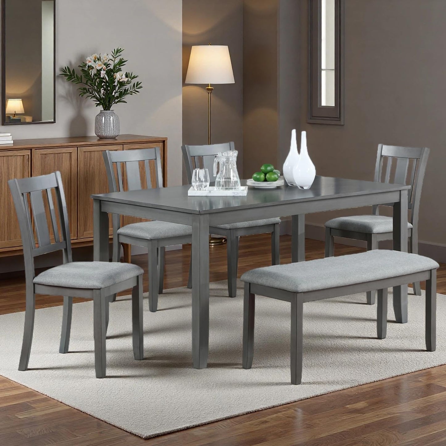 Trygoal Dining Table Set for 6, 6-Piece Kitchen Table Chairs Set with Rectangular Table, 4 Slatted Upholstered Chairs and Bench, Wooden Farmhouse Rustic Style Kitchen Dining Set for 6 Person, Gray