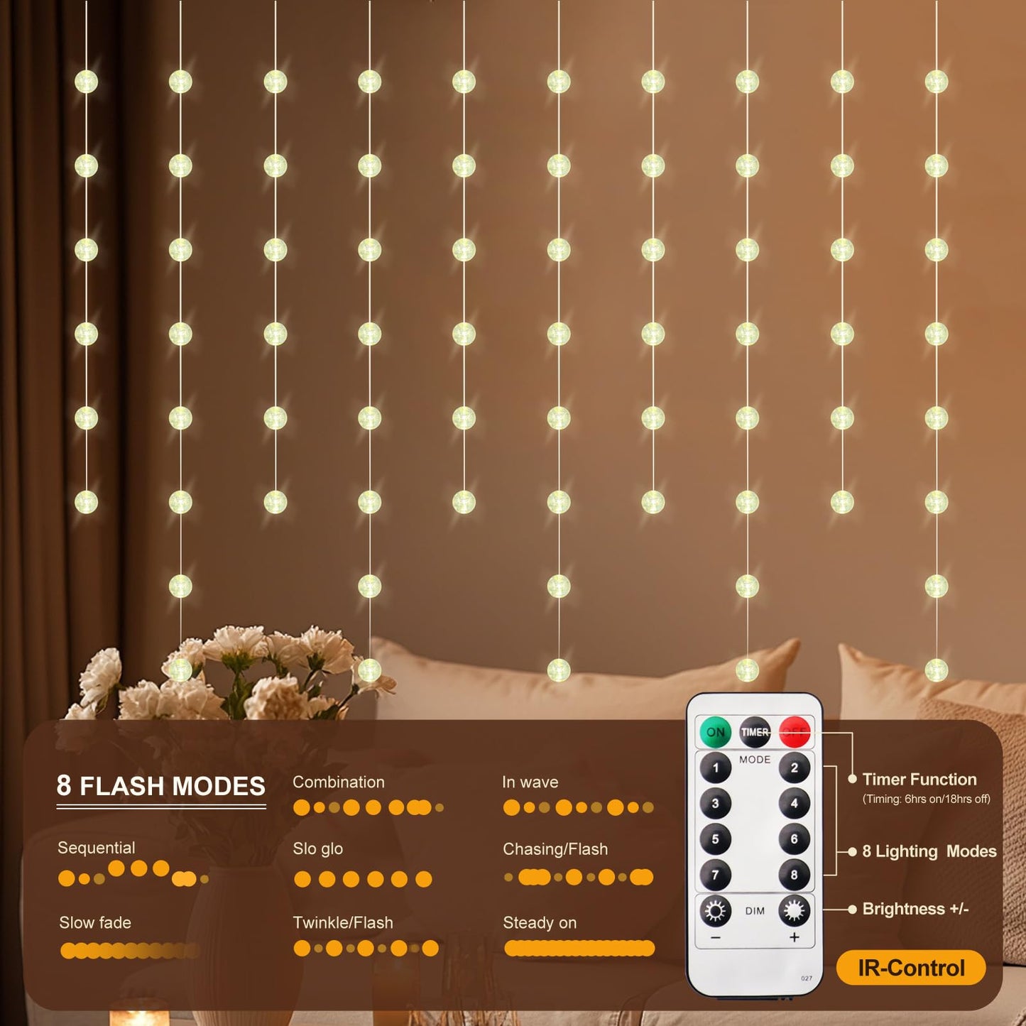 Patioman Ball Curtain Lights, Warm White Window Light 70 Balls Hanging Lights with Remote Fairy Led Twinkle String Light Home Bedroom Wall Ceiling Décor for Christmas, Wedding, Party, Birthday