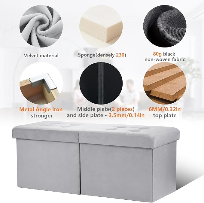 AmasSmile® Storage Ottoman Foot Rest Stool, 34 inch Velvet Footstool Bench, Short Ottoman Stool, Small Folding Storage Ottoman Store Books, Records, Grey