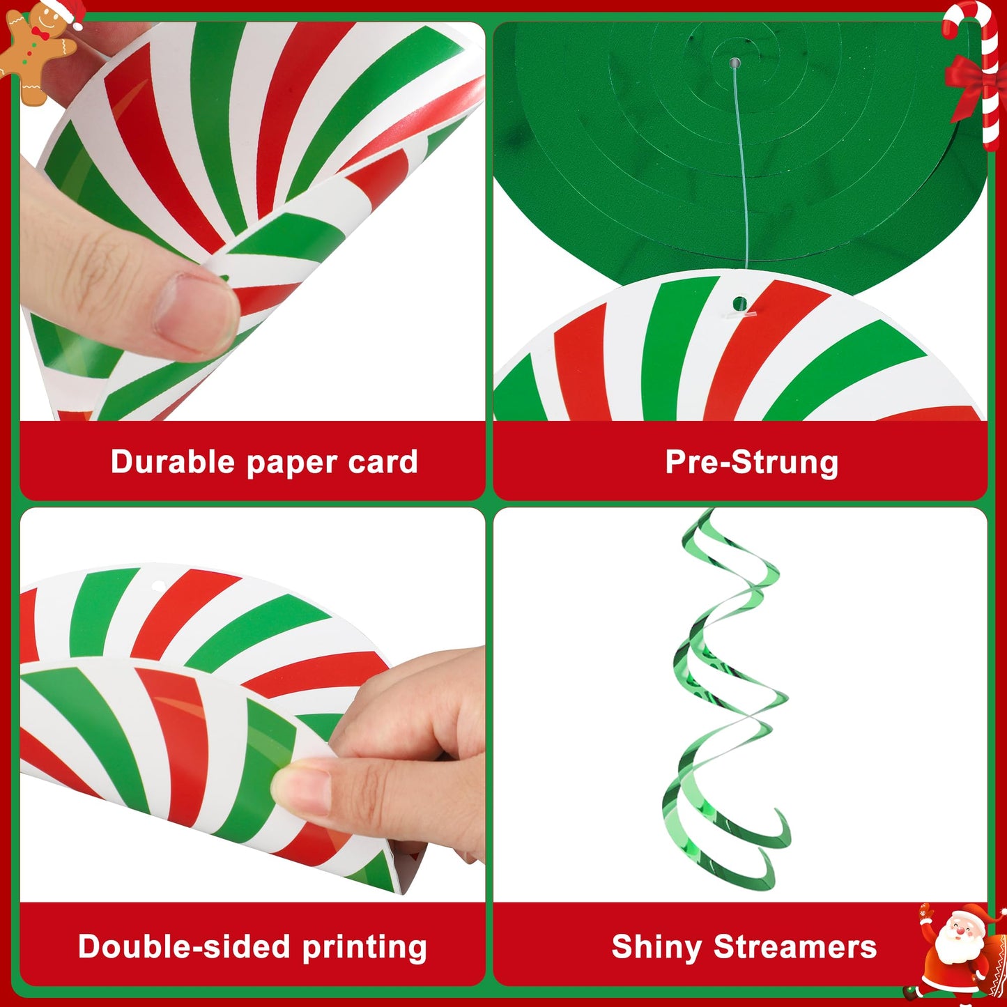 36 PCS Christmas Hanging Swirls Decorations Pre-Strung Candy Gingerbread Man Hanging Streamers Christmas Red Green Candies Gingerbread House Ceiling Swirl Streamer for Xmas Holiday Party Home Decor
