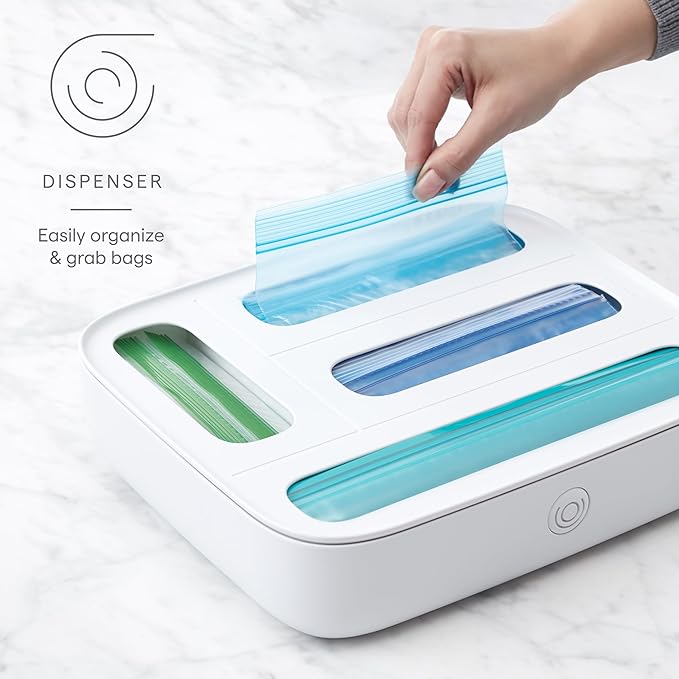 YouCopia StoraBag Drawer Food Bags Dispenser, 4-Slot, Plastic Sandwich Bag Organizer for Kitchen Storage, White