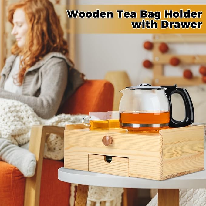 Cinnvoice Tea Bag Organizer Wood Tea Organizer Storage Box 8 Compartments Container Holder with Lid to Storage and Keep Fresh(Brown)