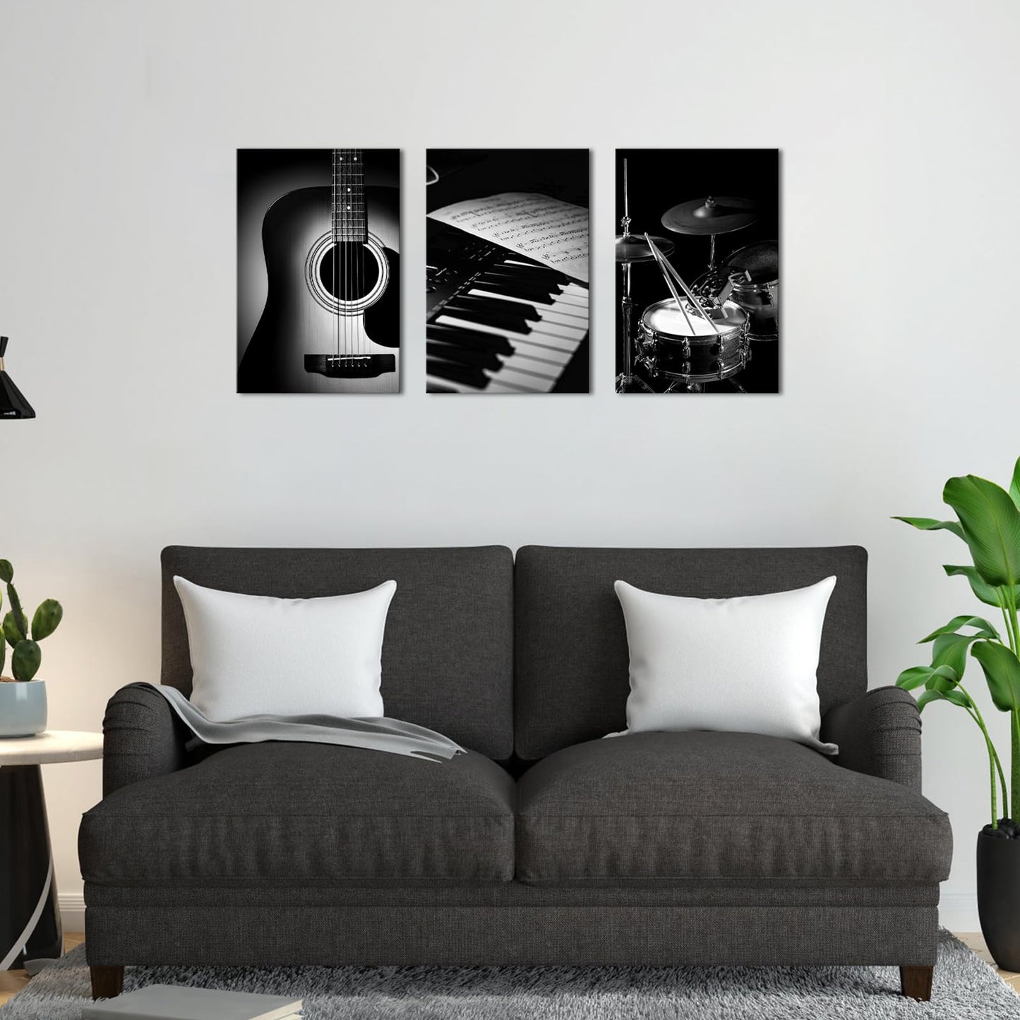 PoGoXiPoYo 3 Pieces Black and White Music Wall Art Canvas Prints Piano Guitar Drum Set Musical Instrument Pictures Rock Band Artwork Music Wall Decor for Studio Bedroom Home 16x24inchx3