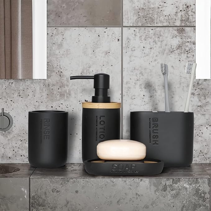 rejomiik Toothbrush Holders Resin Bamboo Tooth Brushing Holder for Bathroom Countertop, Tooth Brush Storage Organizer Stand for Holds Toiletries and Beauty Accessories, Toothpaste, Razor, Matte Black