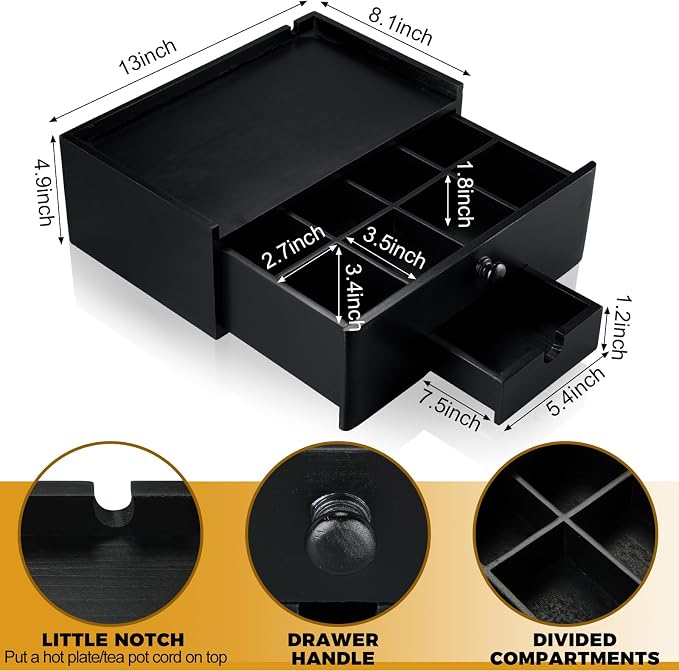 Cinnvoice Tea Bag Organizer Wood Tea Organizer Storage Box 8 Compartments Container Holder with Lid to Storage and Keep Fresh(Black)