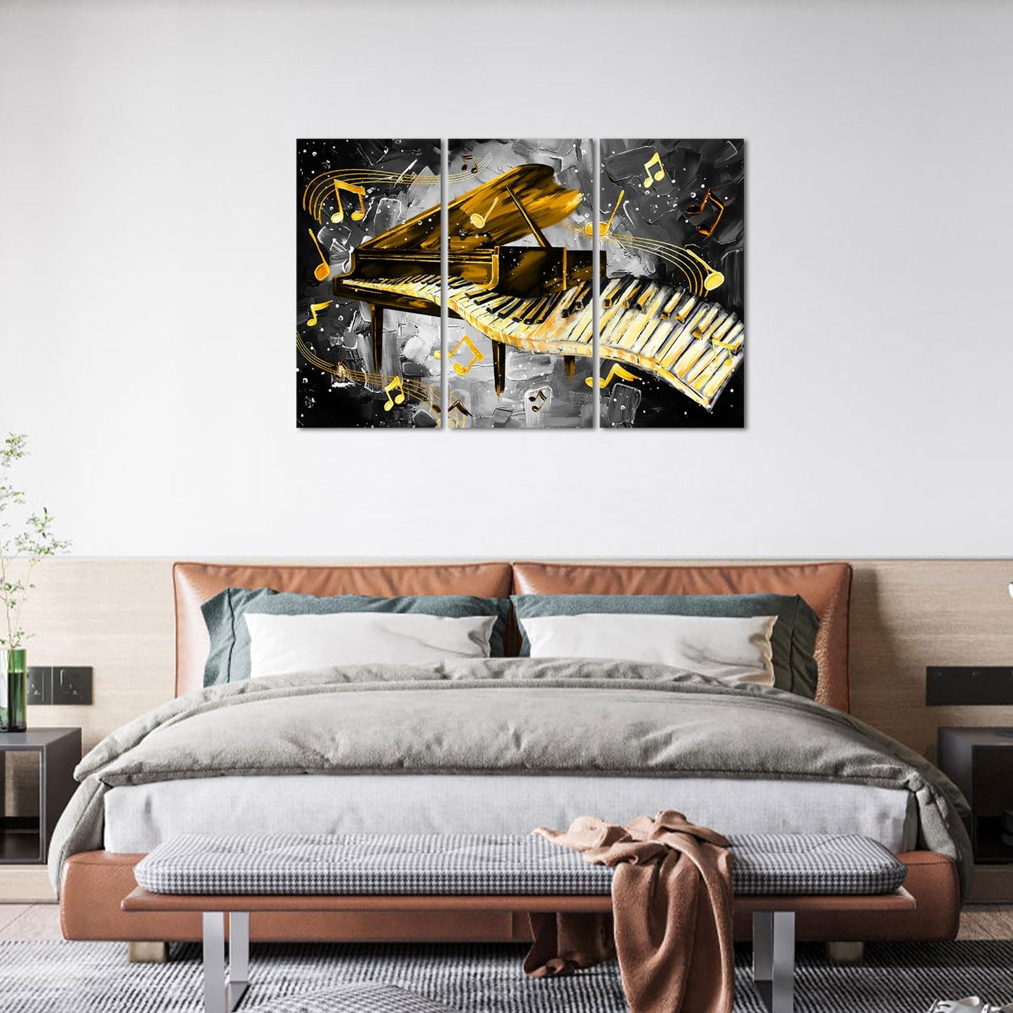 iHAPPYWALL 3 Pieces Piano Canvas Wall Art Black and Gold Music Picture Panting Prints Musical Notes Instrument Contemporary Artwork For Bedroom Classroom Decoration Ready to Hang