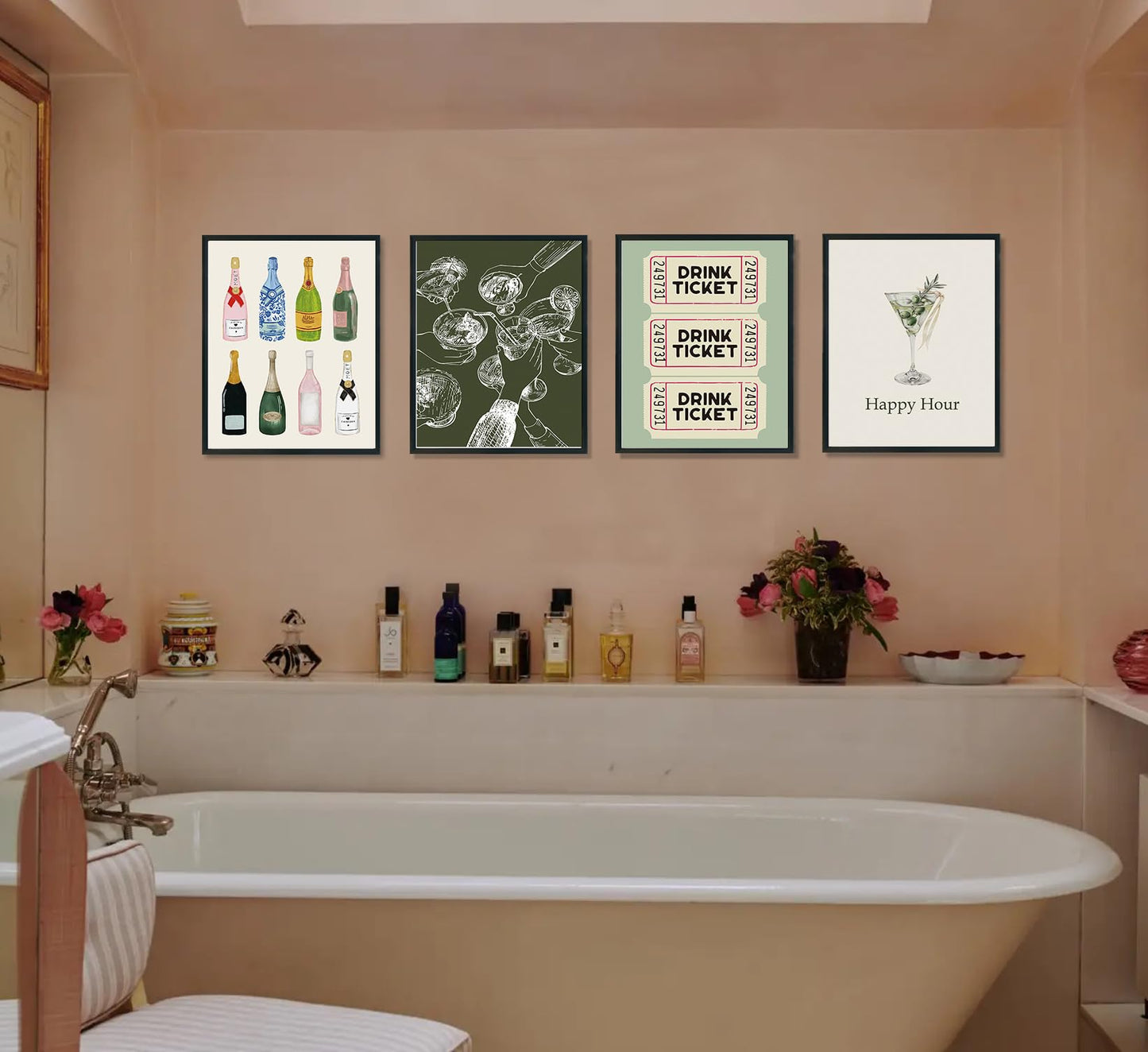 ULEGIE Bar Wall Decor Bar Cart Decor, Trendy Retro Champagne Cocktail Cheers Wall Art Decor Set of 4, Bar Poster, Bar Art Wall Decor Posters for Home Lounge Bar Club Kitchen, 8x10 Inch Unframed