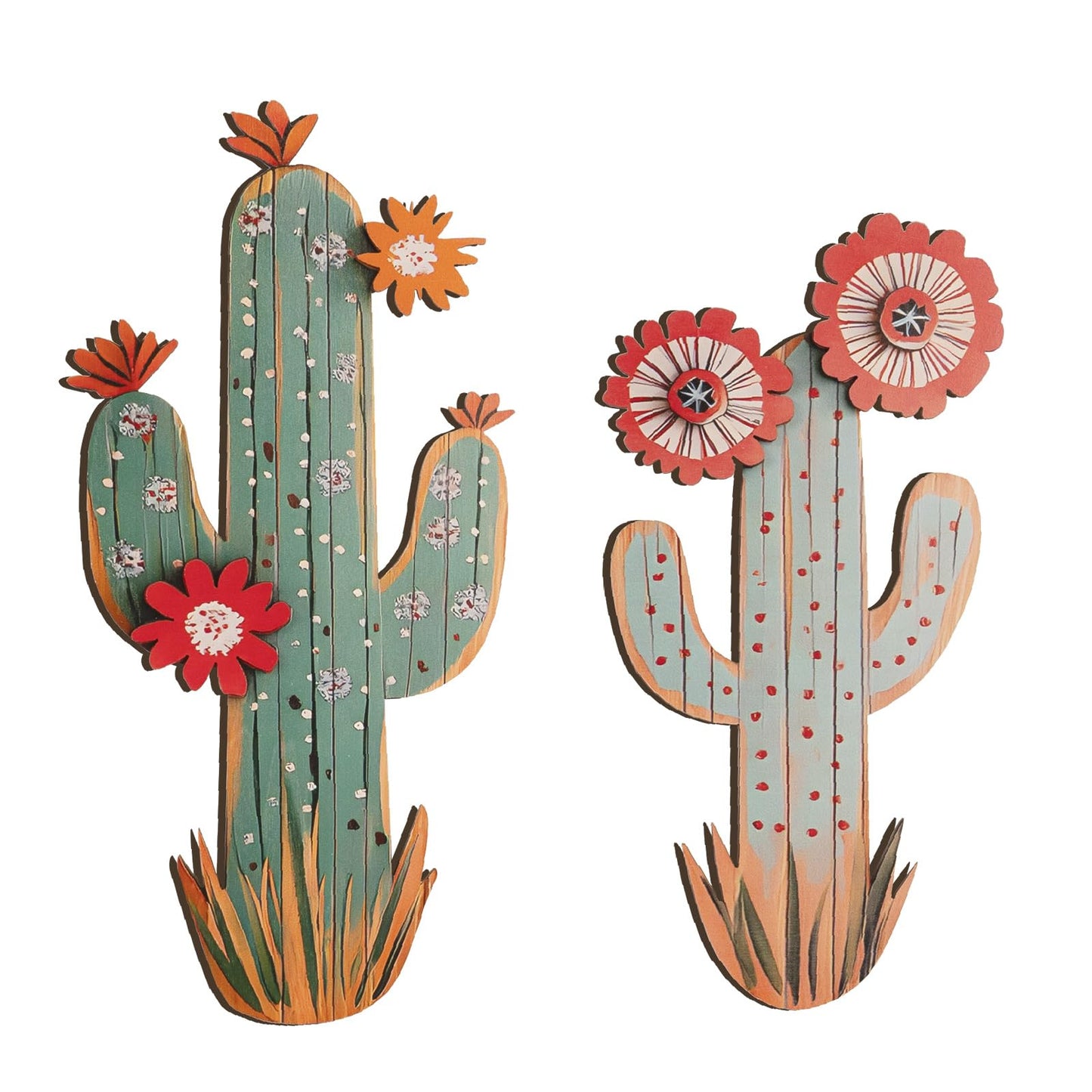 flangairy 3D Cactus Wall Decor, Set of 2 Wooden Cactus Flower Picture Southwestern Wall Art, Western Room Bathroom Bedroom Nursery Kitchen Decorations for Home
