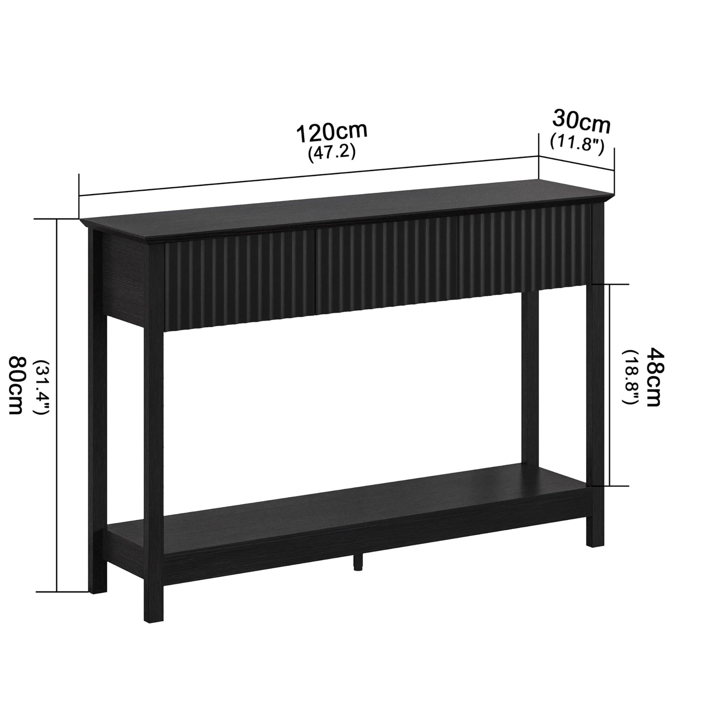 Treocho 47" Fluted Console Table with 3 Drawers, Narrow Long Entryway Table with Storage and Shelf, 2-Tier Sofa Table Behind Couch Accent Tables for Entrance Foyer, Hallway, Living Room, Black