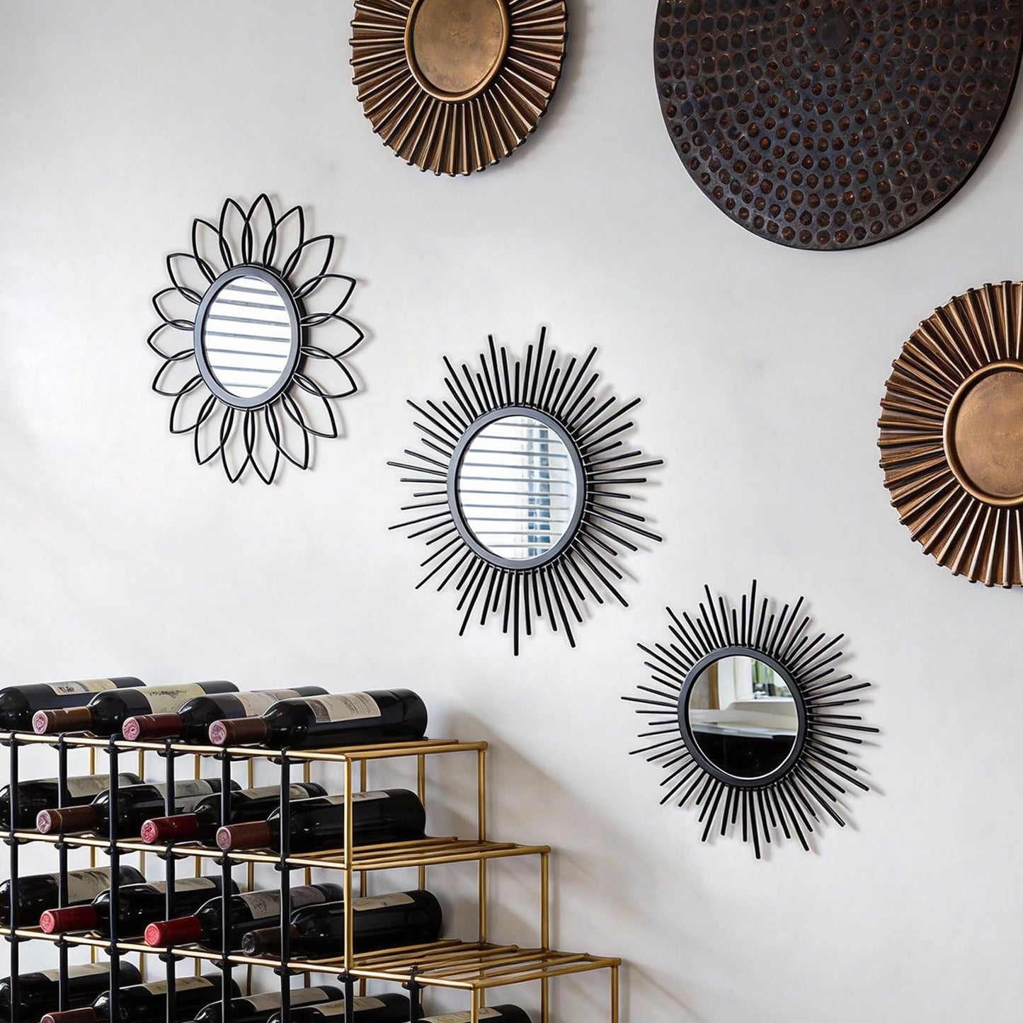 HMANGE Set of 3 Black Metal Sunburst Wall Mirrors - 12" Round Decorative Art for Living Room Bedroom Bathroom Entryway, No Assembly Required, Rust Resistant Design