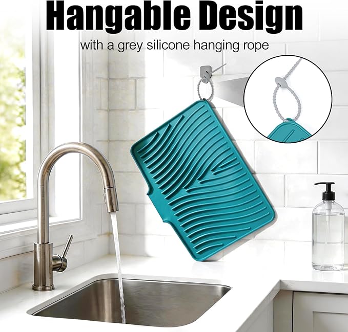 TIKNIK Silicone Dish Drying Mat for Kitchen Counter - Heat Resistant & Non-Slip Dish Drain Pad with Built-In Drain, Dishwasher Safe, Quick-Dry, Hangable & Roll-Up for Storage, Green-1pcs, 16" x 12"