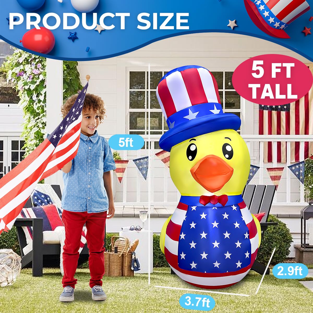 5FT Patriotic Independence Day 4th of July Inflatable Duck Decorations Outdoor Decor with Built-in LED Lights Blow Up Yard Decoration for Holiday Patriotic Party