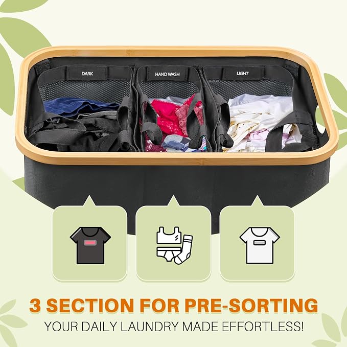 Laundry Hamper 3 Section, 145L Dirty Clothes Hamper with Lid, Extra Large Laundry Basket Organizer with Removable Inner Bags & Labels for Laundry Room, Bedroom, Dark Grey