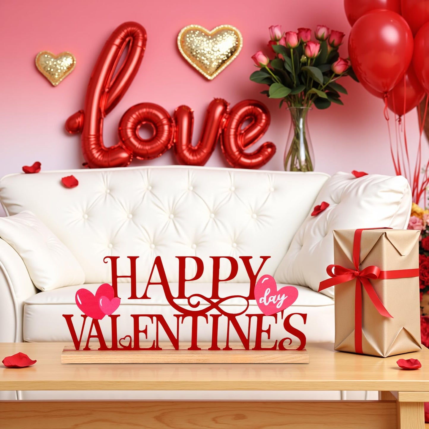 ASTNIC Metal Happy Valentine's Day Sign,Valentines Day Decorations Indoor Romantic Heart Word Valentines Day Table Decorations with Wooden Base for Home Decor Party Wedding Shelf Tabletop Centerpiece Gifts (Red, Happy Valentine’s)