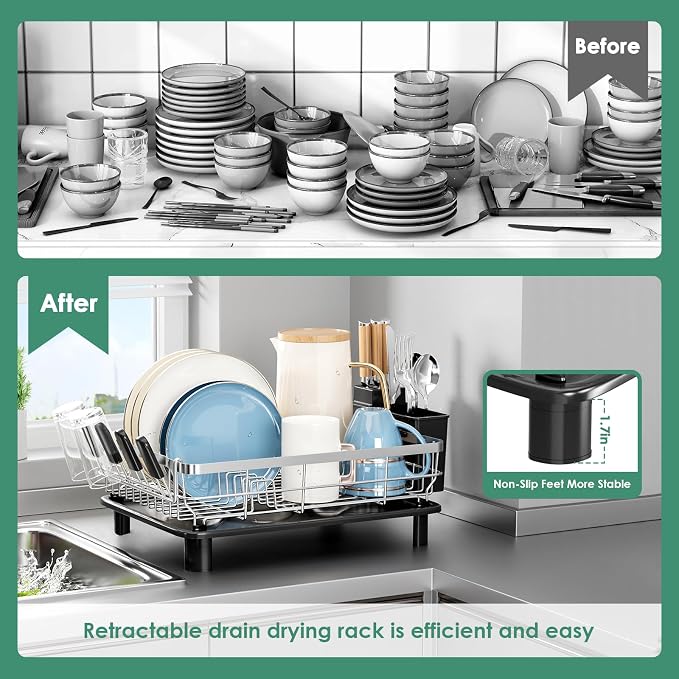 MOUKABAL Dish Drying Rack, Dish Rack, Stainless Steel Dish Racks for Kitchen Counter, Dish Drainer with Removable Utensil Holder, Drainboard (Black,Stainless Steel,13''W x 17''L)