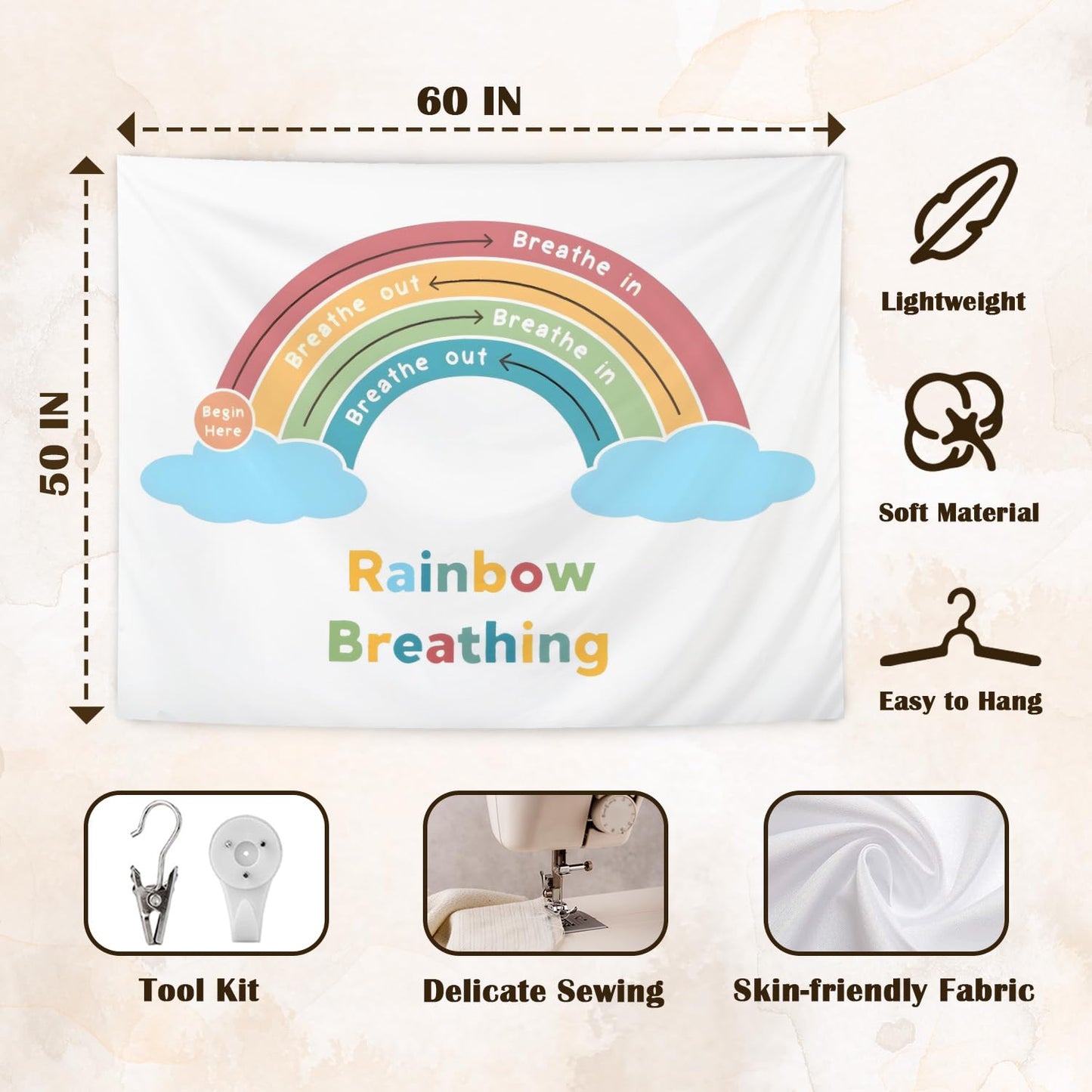 CIOJUNE Boho Rainbow Mental Health Tapestry, Rainbow Breathing Tapestries Wall Hanging for Classroom, Anxiety Relief Tapestry Wall Decor Backdrop for Calming Corner School Counselor Office, 50x60 Inch