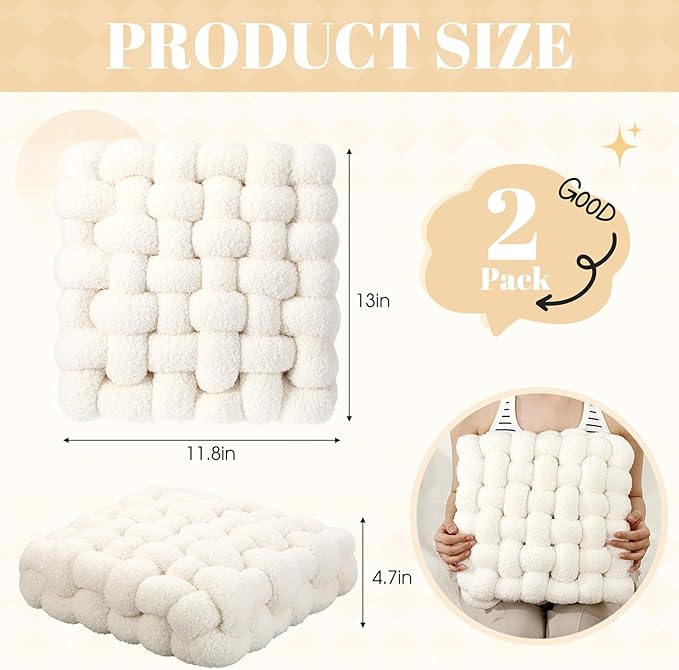 Wenqik 2 Pcs Knot Pillows Square Knotted Plush Throws Soft Accent Pillows Decoration Cushion for Couch Home Office Living Room Bedroom Bed Sofa Decor, 12'' x 13''(Cream White,Lambswool)