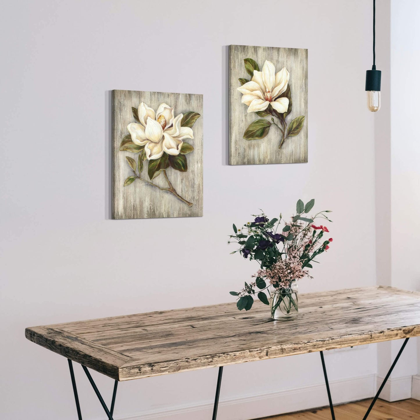 ArtSquare Magnolia Floral Canvas Wall Art: White Flower Artwork on Wood Texture Rustic Nature Blossom Painting Elegant Nature Picture Ready to Hang Prints for Bedroom Kitchen Dining Room