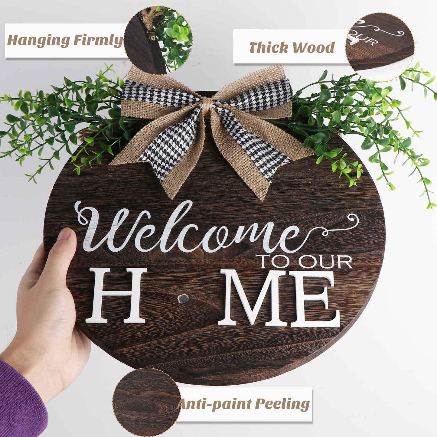 Yonuni Interchangeable Welcome to Our Home Sign, Equipped with 16 Replaceable Icons, Farmhouse Front Door Signs Wooden Wreath Suitable for All Seasons Holiday Halloween Christmas (12x12 Inch)