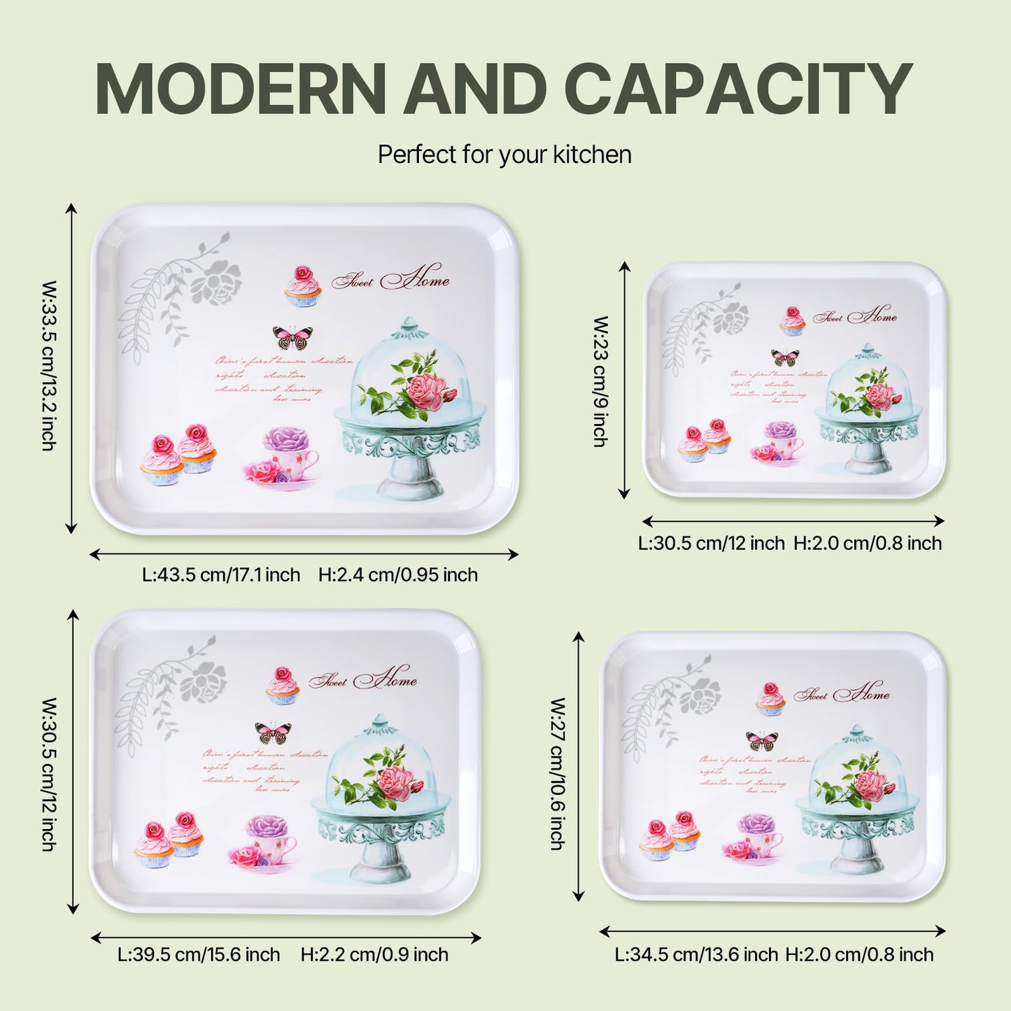 4-Pack Melamine Serving Tray Set - Rectangle Stackable Food Breakfast Fruit Platter with Floral Print for Gift Party Decor Home Restaurant (Cake)