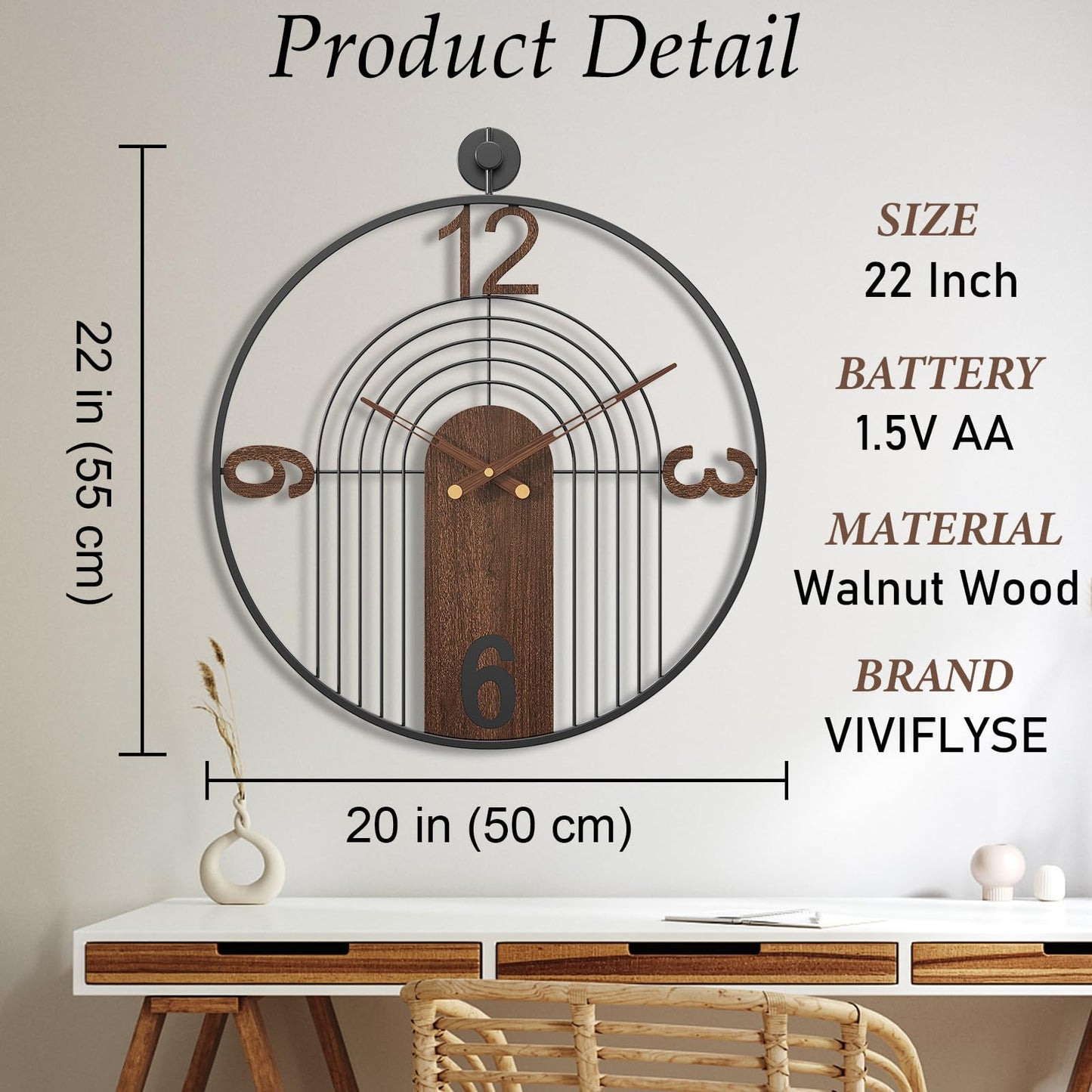 VIVIFLYSE Modern Large Walnut Dial Wall Clock, Wood Metal Frame Silent Non Ticking Wall Clocks Decoration for Living Room, Bedroom, Kitchen, Study, Handmade Home Decor Present Idea, 22 Inch