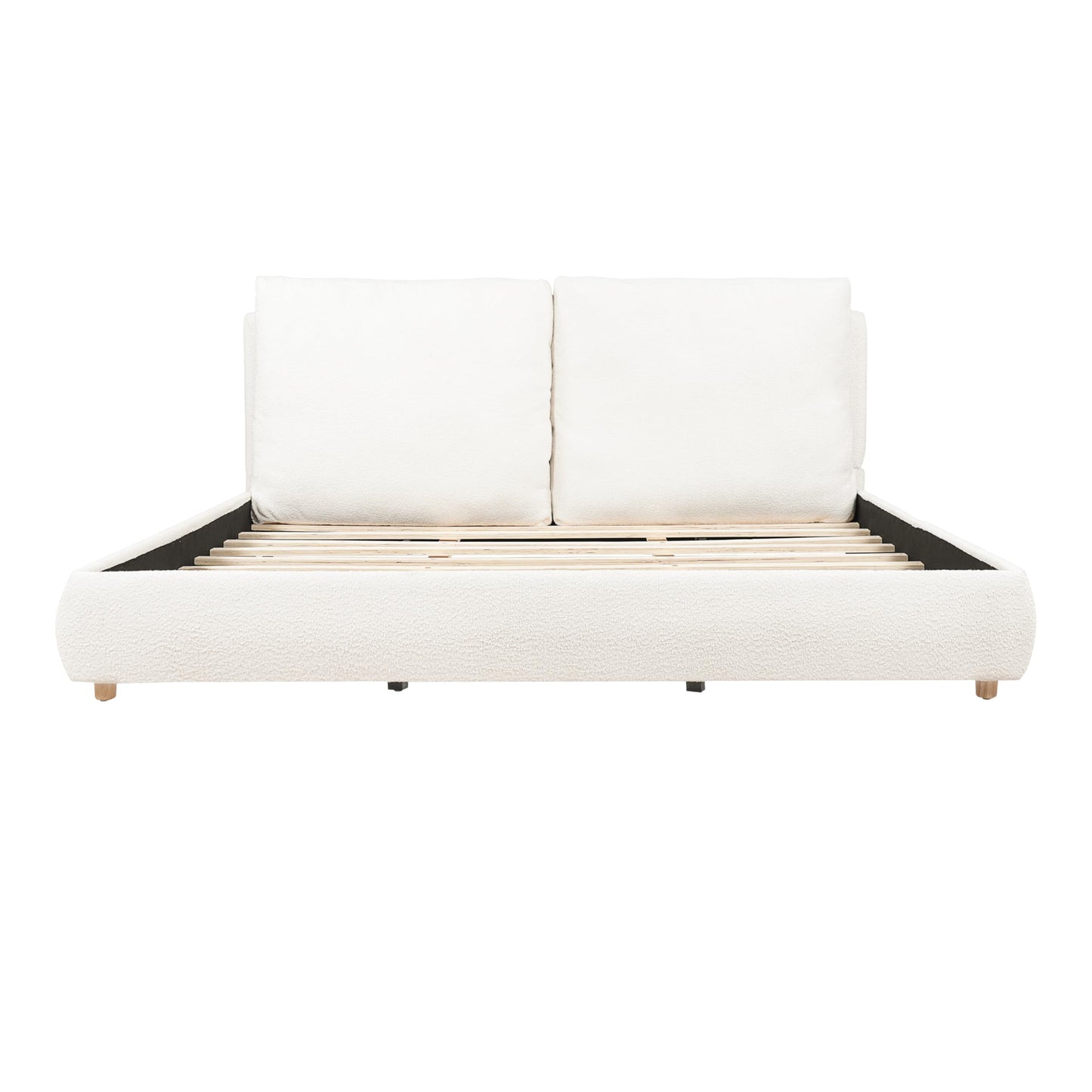 Merax California King Size Boucle Fabric Upholstered Platform Bed with Two Removable Pillow Headboard, Wood Bed Frame with Solid Round Legs for Kids Teens Adults, White