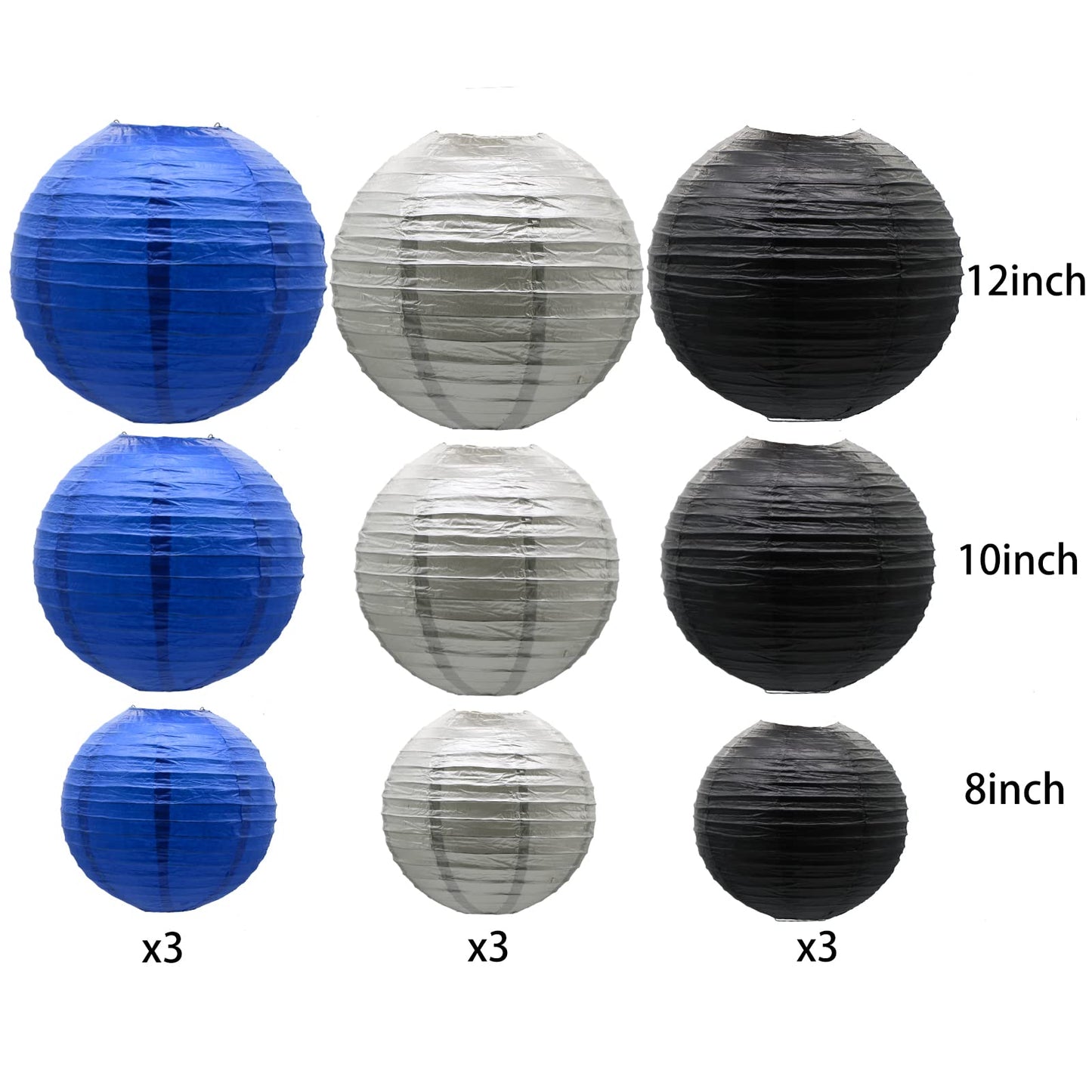 Paper Lanterns Decorative, Round Hanging Lantern for Graduation Wedding Birthday Anniversary Bachelorette Retirement Party Decorations, Navy Blue/Silver/Black 9pcs