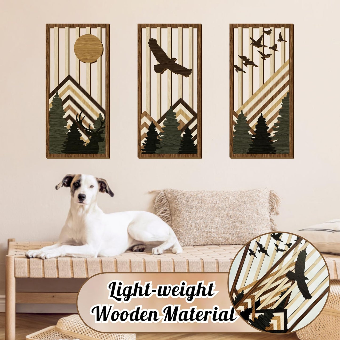 3 Pcs Wooden Boho Mountain Wall Art Mid Century Modern Wall Decor Nature Geometric Line Artwork for Living Room Rustic Home Indoor Decoration MCM Landscape Hanging Plaque for Bedroom Office Accents