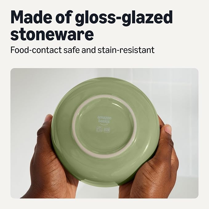 Amazon Basics Glazed Stoneware Bowls, 4-Piece Set, Microwave and Dishwasher-Safe, 20 oz. Capacity, 5.5 in., Olive