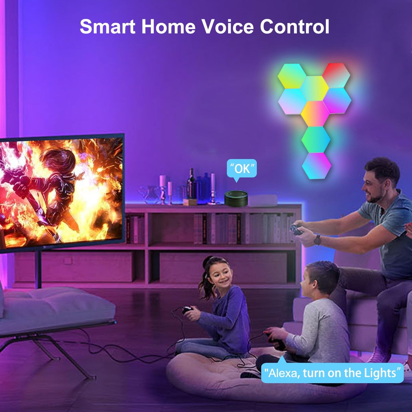 Large Hexagon LED Lights for Bedroom, Smart Home Gaming LED Wall Lights RGB-IC Gaming Room Decor Work with Alexa Google Assistant, Voice/App Control, Music Sync, DIY Modular Light Panels, 10 Pack