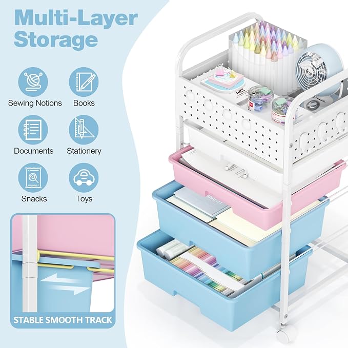 4 Drawer Rolling Storage Cart with Pegboard Top and Hooks, Mobile Organizer Cart with Wheels for Office Supplies, Craft Storage, Classroom Organization, Home Utility Cart, Pink&Blue