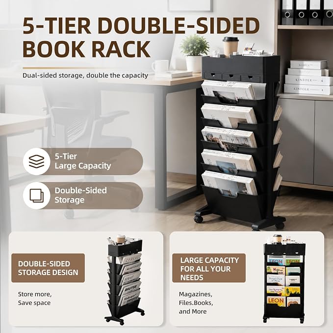 5 Tier Rolling Utility Cart Multi-Functional Movable Storage Book Shelves with Lockable Casters for Study Office Kitchen Classroom, White (Black, with Wheel)
