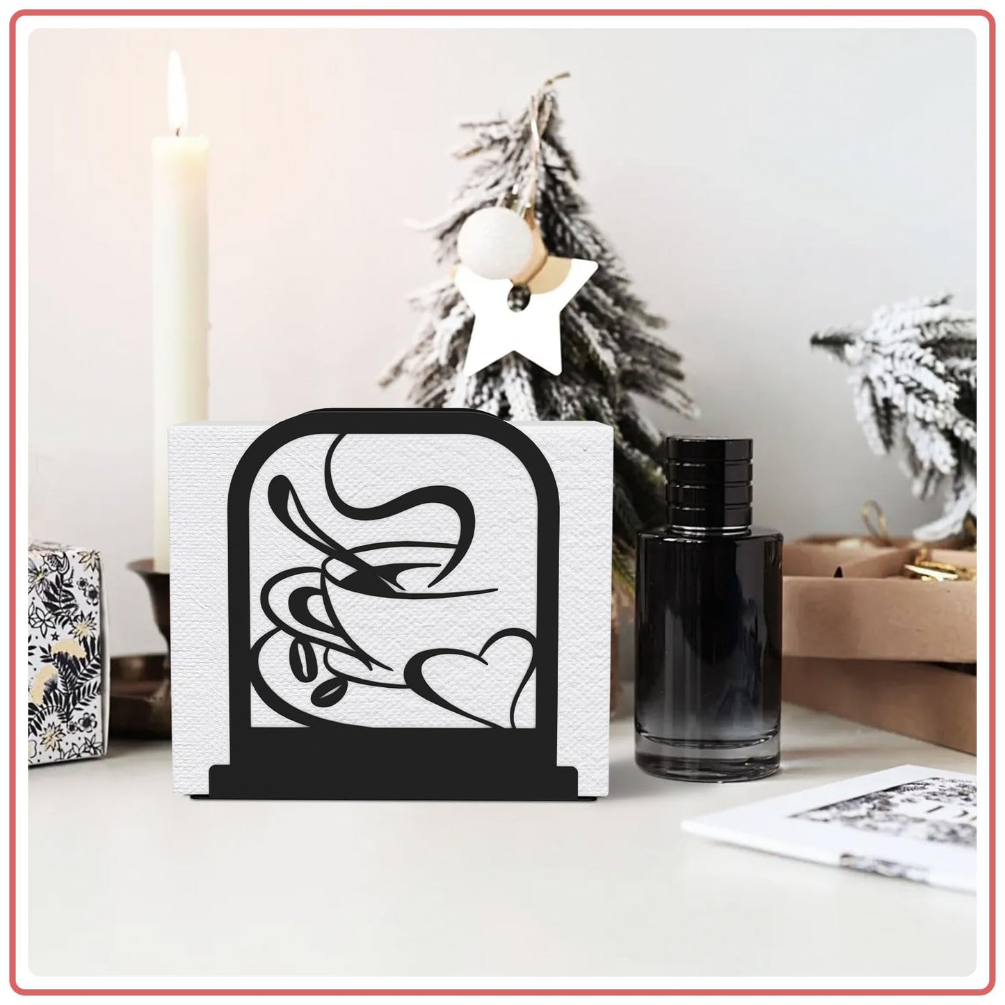 Modern Standing Napkin Holder for table, Black Metal Napkin Dispenser, Coffee time Theme Style Napkin Holder, Suitable for Kitchen, Coffee Shop, Dining Room