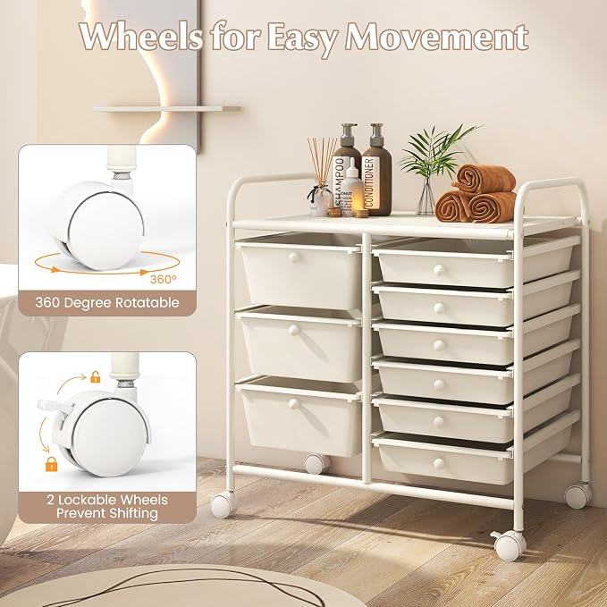 LDAILY 9 Drawer Rolling Storage Cart, Rolling Cart with Drawers for Classroom, Art Supply Craft Organizer on Wheel with Metal Frame & Handles for Home Office School